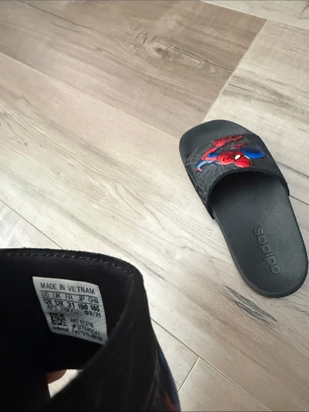 adidas Kids Black Slides with Red & Blue Spider-Man Graphic